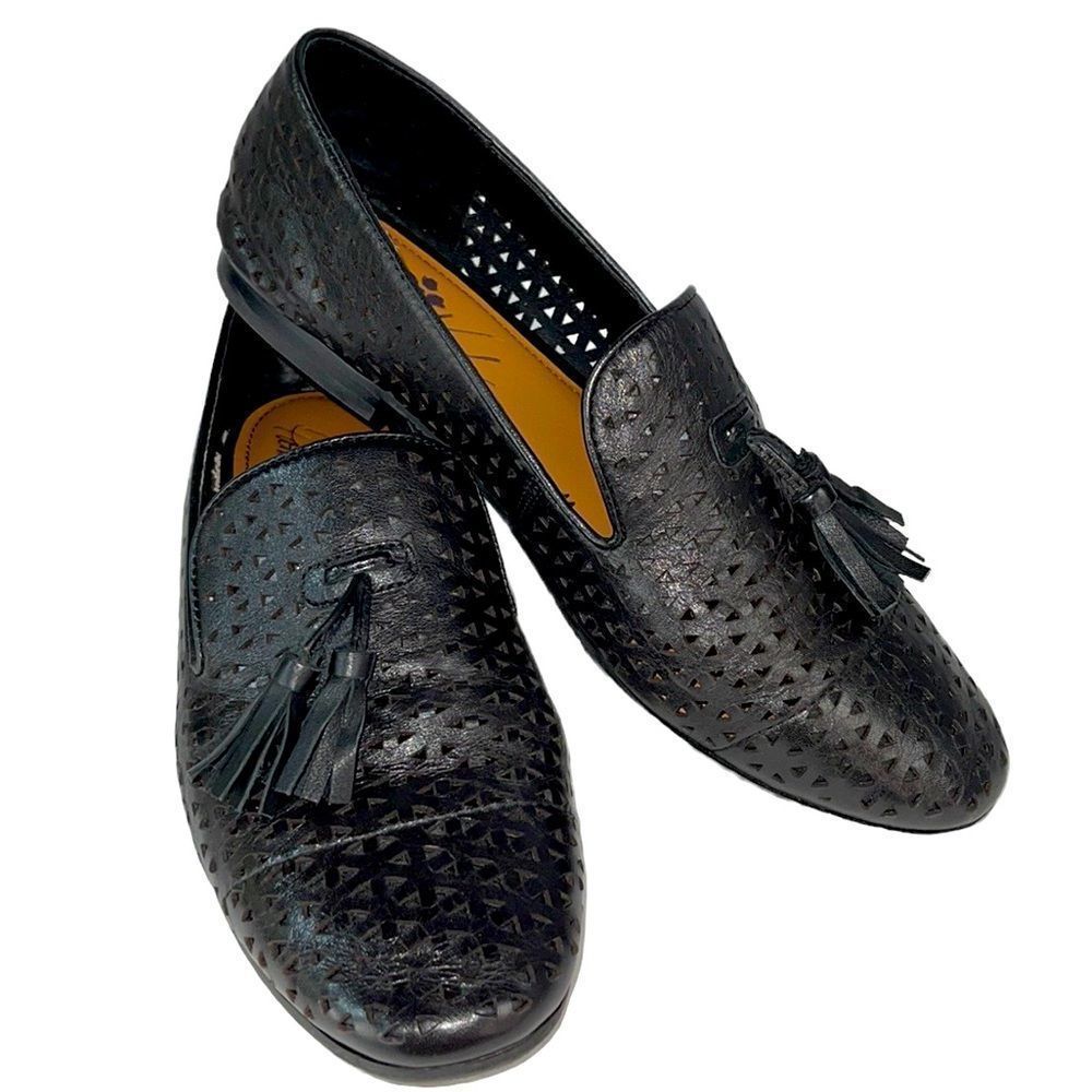 Patricia Nash Black Tassel Loafers Francesca Laser Cut Flats Leather Siz…